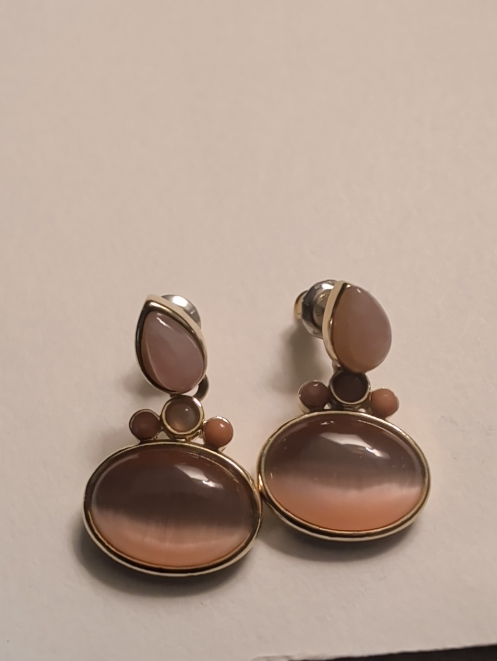 Pink peach Earrings stones oval round gold tone 10k GF post unsigned feminine